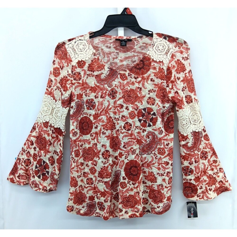 Style & Co Blouse Womens Size PS Red Cream Geometric Open Knit Lace Top NWT